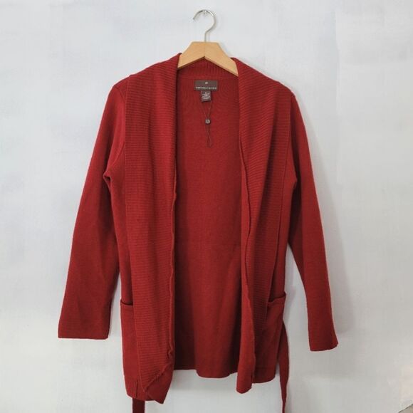 Fenn Wright Manson Knit Cardigan Sweater Belted Red Merino Wool Blend *Flaw* M - Picture 2 of 7